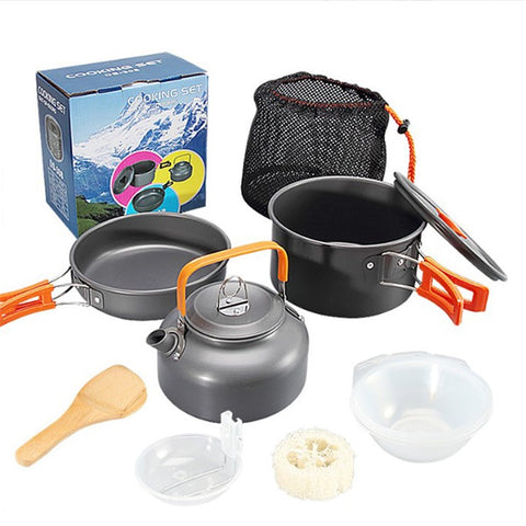 HALIN DS-308 Portable Frying Pan Tea Pot Hard Alumina Camping Cookware Set for 2-3 People (No FDA, BPA-Free)