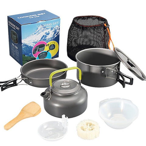 HALIN DS-308 Portable Frying Pan Tea Pot Hard Alumina Camping Cookware Set for 2-3 People (No FDA, BPA-Free)
