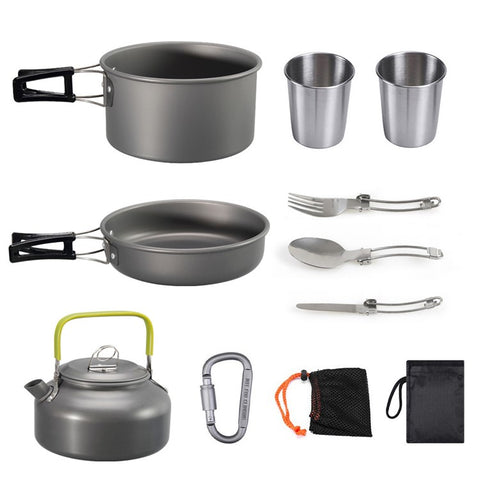 AOTU NB6803-14 Outdoor Camping Cookware Set for 2-3 People Portable Picnic Handle Pan Pot with Cups (No FDA, BPA-Free)