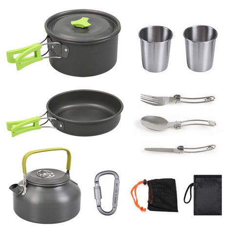 AOTU NB6803-14 Outdoor Camping Cookware Set for 2-3 People Portable Picnic Handle Pan Pot with Cups (No FDA, BPA-Free)