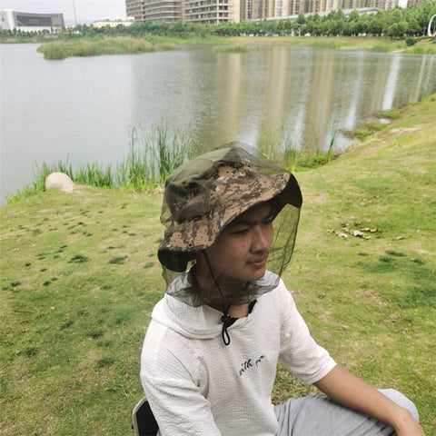 AOTU Camouflage Bucket Hat Cap with Anti-mosquito Head Net Face Mesh for Outdoor Camping Fishing