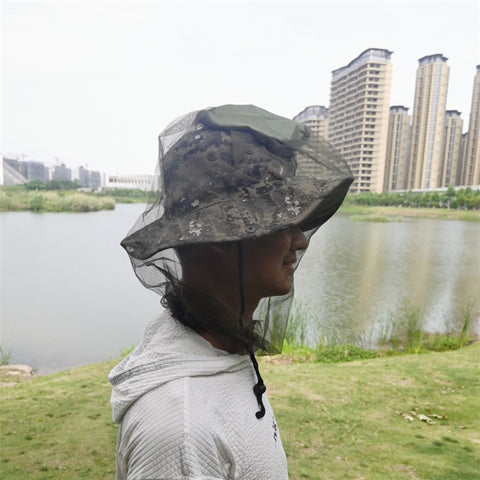 AOTU Camouflage Bucket Hat Cap with Anti-mosquito Head Net Face Mesh for Outdoor Camping Fishing