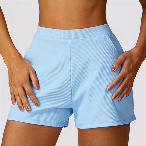 8526 Women Ribbed High Waist Yoga Shorts with Pockets for Gym Cycling Running