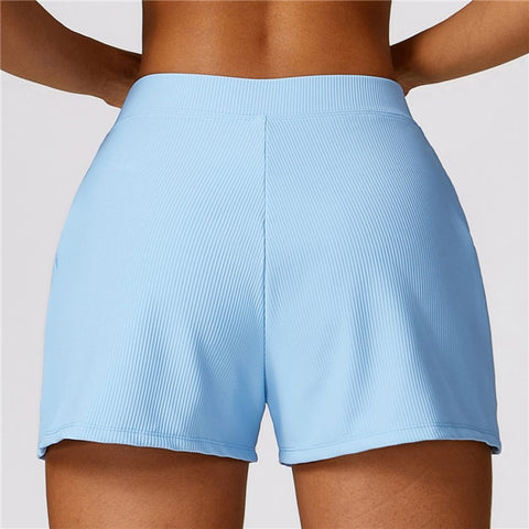 8526 Women Ribbed High Waist Yoga Shorts with Pockets for Gym Cycling Running