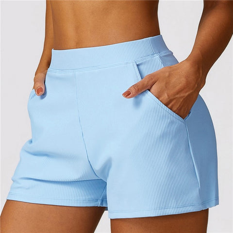 8526 Women Ribbed High Waist Yoga Shorts with Pockets for Gym Cycling Running