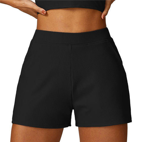 8526 Women Ribbed High Waist Yoga Shorts with Pockets for Gym Cycling Running
