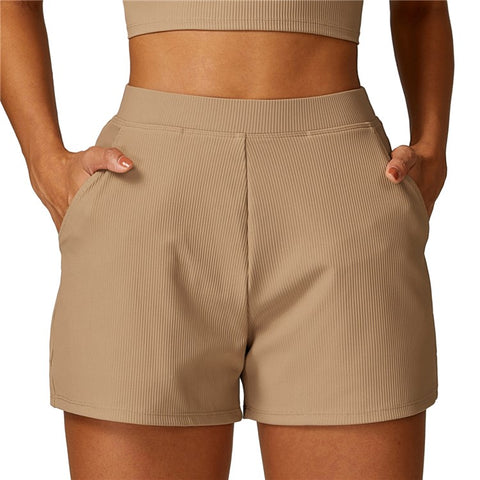 8526 Women Ribbed High Waist Yoga Shorts with Pockets for Gym Cycling Running