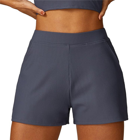 8526 Women Ribbed High Waist Yoga Shorts with Pockets for Gym Cycling Running