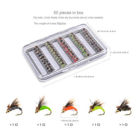 LEO 28254 50Pcs Fly Fishing Lures Kit Artificial Bait for Bass Trout Salmon Fishing Accessories