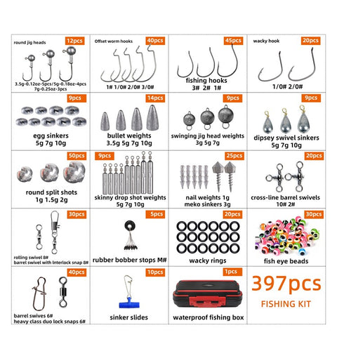 397Pcs / Set Fishing Lures Bait Tackle Kit Set with Waterproof Box for Freshwater Trout Bass Fishing