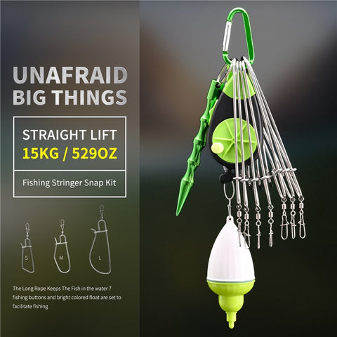 28282 Stainless Steel  Fish Buckle Lock Fishing Stringer Clip with 7pcs Snaps Fishing Holder Kit