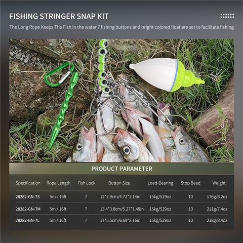28282 Stainless Steel  Fish Buckle Lock Fishing Stringer Clip with 7pcs Snaps Fishing Holder Kit