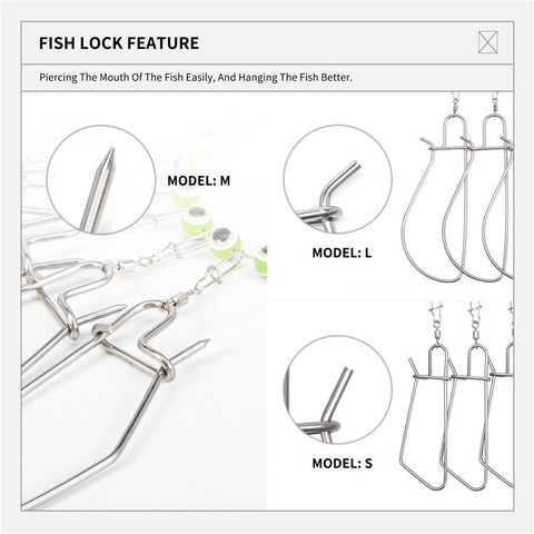 28282 Stainless Steel  Fish Buckle Lock Fishing Stringer Clip with 7pcs Snaps Fishing Holder Kit