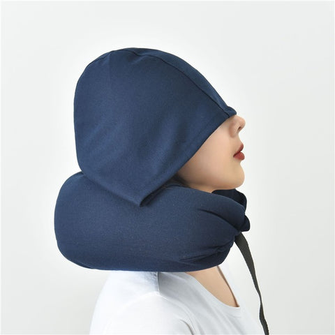 Travel Pillow Cotton U-Shape Head Rest Neck Pillow with Hood for Airplane Car Office