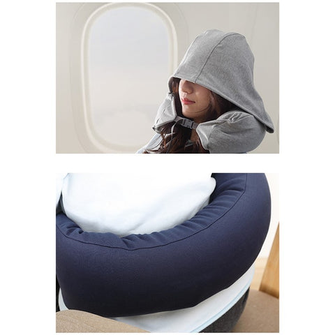 Travel Pillow Cotton U-Shape Head Rest Neck Pillow with Hood for Airplane Car Office