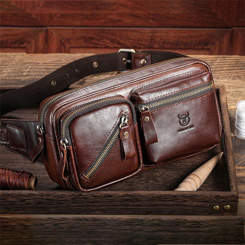 BULLCAPTAIN 082 Travel Outdoor Men Chest Bag Top Layer Cowhide Leather Waist Pack