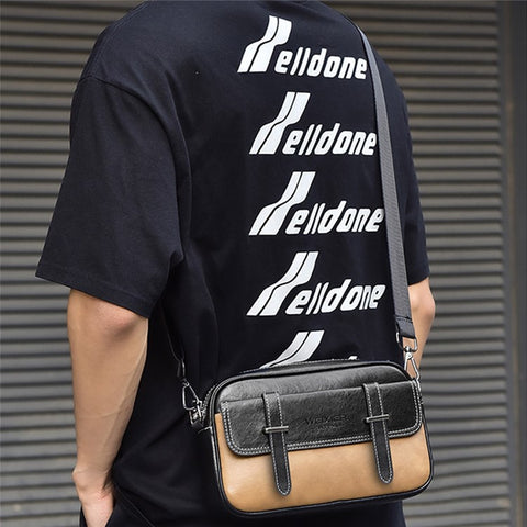 WEIXIER D408 Men Square Messenger Bag PU Leather Mini Crossbody Bag with Wrist Strap