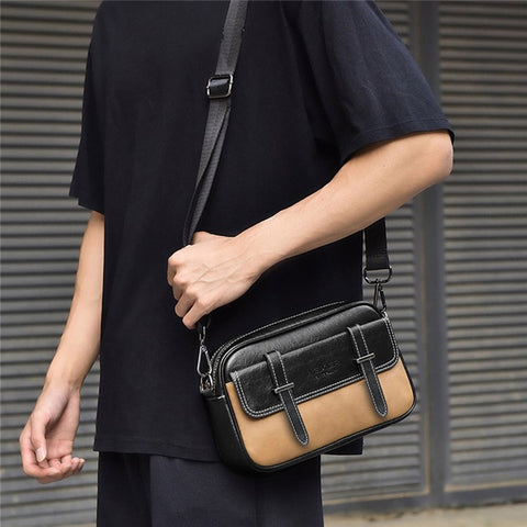 WEIXIER D408 Men Square Messenger Bag PU Leather Mini Crossbody Bag with Wrist Strap