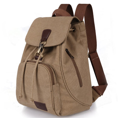 Outdoor Retro Canvas Backpack Women Drawstring Solid Color Dual Shoulder Bag