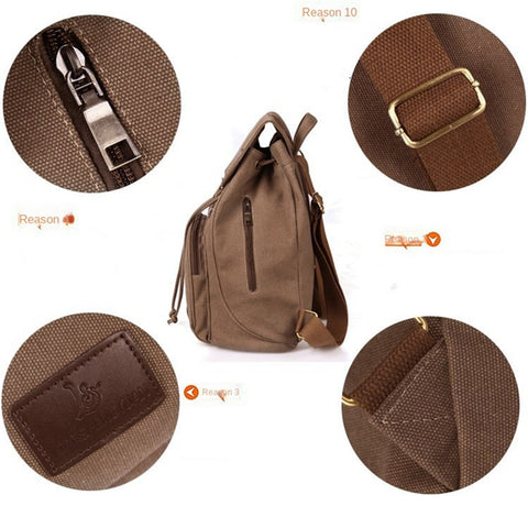 Outdoor Retro Canvas Backpack Women Drawstring Solid Color Dual Shoulder Bag