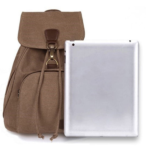 Outdoor Retro Canvas Backpack Women Drawstring Solid Color Dual Shoulder Bag