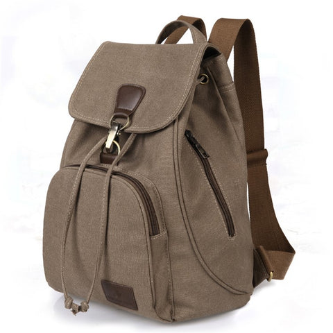 Outdoor Retro Canvas Backpack Women Drawstring Solid Color Dual Shoulder Bag