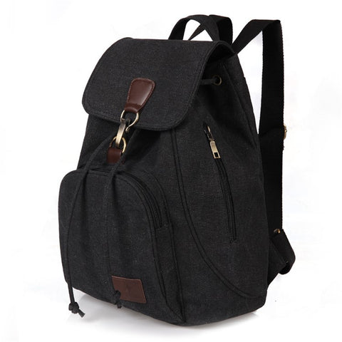 Outdoor Retro Canvas Backpack Women Drawstring Solid Color Dual Shoulder Bag