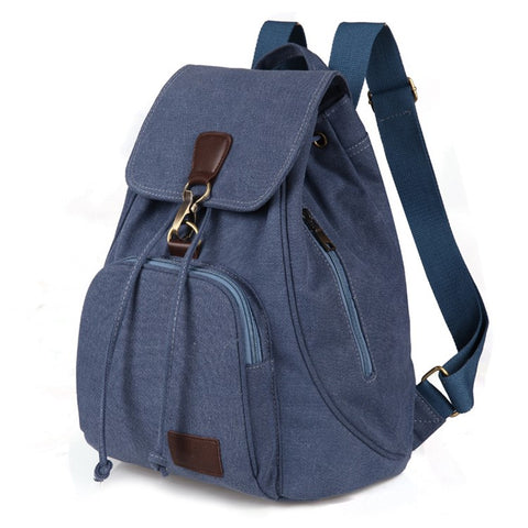 Outdoor Retro Canvas Backpack Women Drawstring Solid Color Dual Shoulder Bag