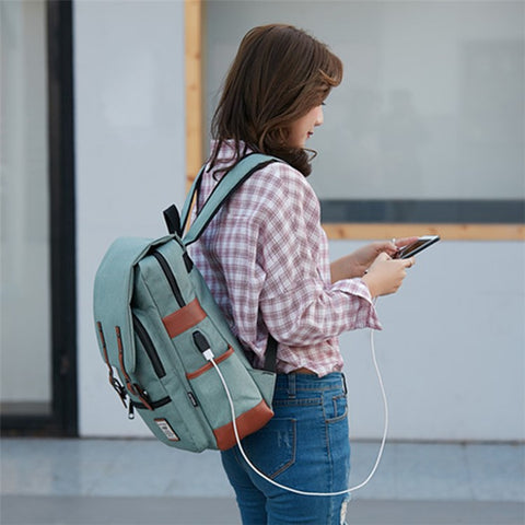 Retro Nylon Oxford Cloth Backpack Laptop Clothes Dual Shoulders Bag with USB Charging Port