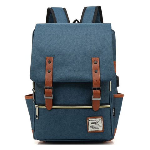 Retro Nylon Oxford Cloth Backpack Laptop Clothes Dual Shoulders Bag with USB Charging Port