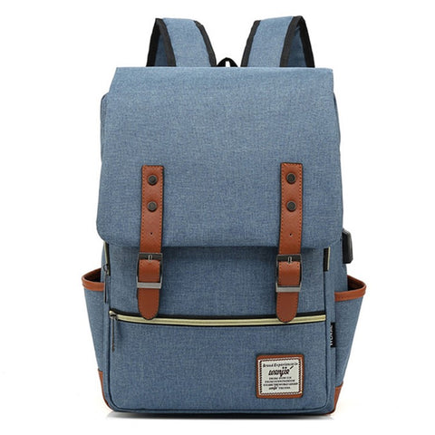 Retro Nylon Oxford Cloth Backpack Laptop Clothes Dual Shoulders Bag with USB Charging Port