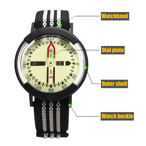 JINGU Waterproof Luminous Dial Compass Watch Scubas Diving Navigation Compass Wristband