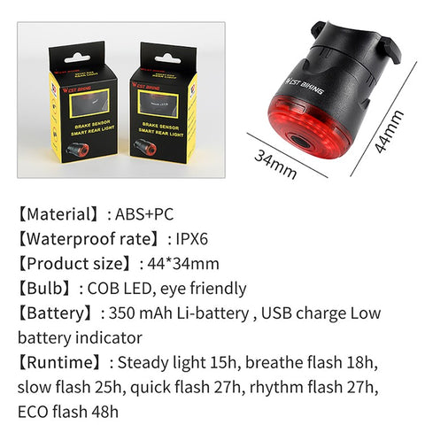 WEST BIKING Smart Sensor Bike Brake Light 6 Modes Waterproof USB Charging Bike Seatpost LED Tail Light