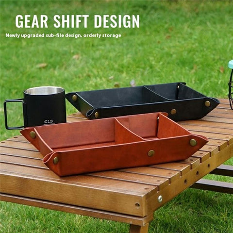 CLS Portable Outdoor PU Leather Sundries Organizer Folding Storage Tray for Camping BBQ