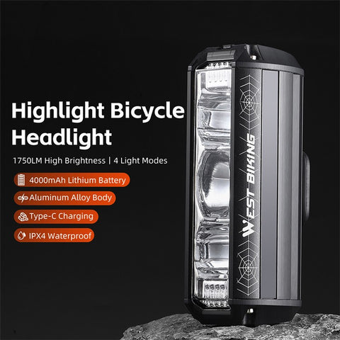 WEST BIKING YP0701424 1750 Lumens High Brightness Mountain Road Bike Front Light