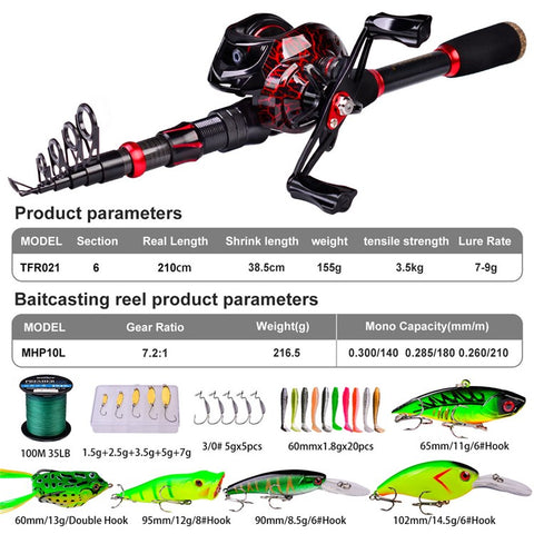 PROBEROS HWCSET100 2.1m Carbon Fishing Rod Pole Reel Combo with Line Lure Hook