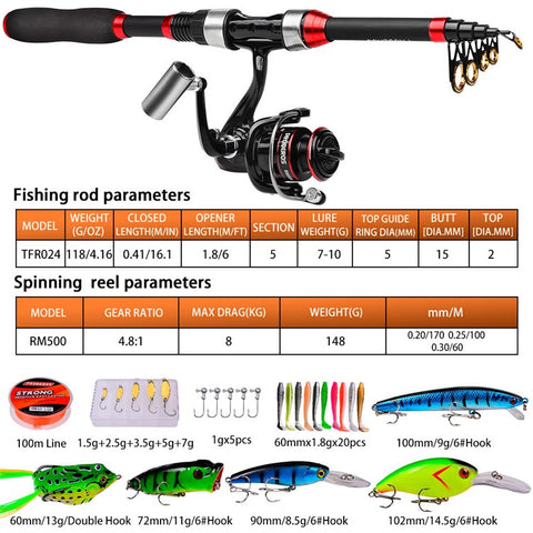 PROBEROS HWCSET101 Telescopic Rod 1.8m Carbon Pole Fishing Reel Lure Line Kit with Carrier Bag