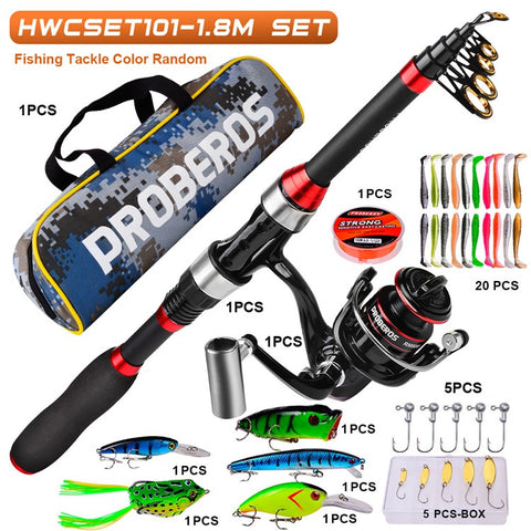 PROBEROS HWCSET101 Telescopic Rod 1.8m Carbon Pole Fishing Reel Lure Line Kit with Carrier Bag