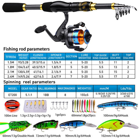 PROBEROS HWCSET105 1.5m Telescopic Fishing Rod ET200 Spinning Reel Lure Set