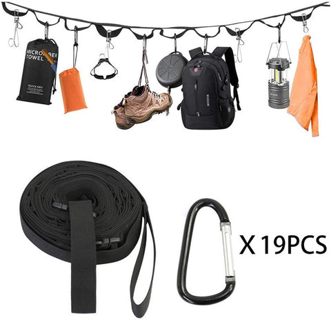 HALIN Campsite Storage Strap Outdoor Camping Hanger Clothesline Hanging Rope with 19 Carabiners