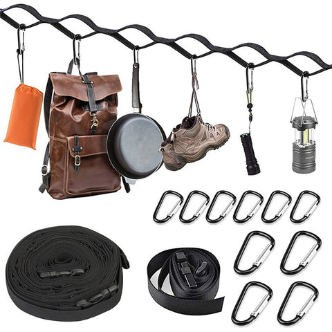HALIN Campsite Storage Strap Outdoor Camping Hanger Clothesline Hanging Rope with 19 Carabiners