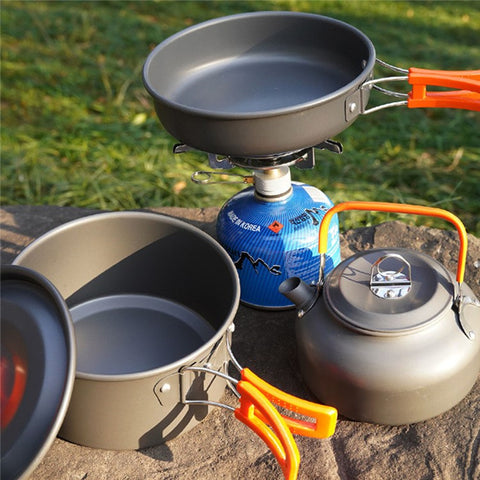 AOTU Outdoor Camping Cooking Set Pot Pan Teapot Cookware Set (No FDA Certificate, BPA-Free)