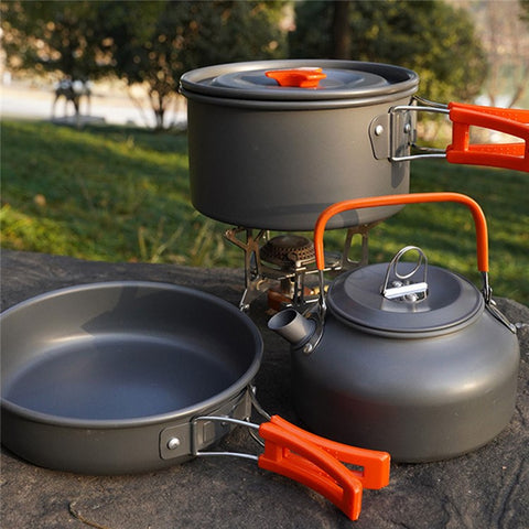 AOTU Outdoor Camping Cooking Set Pot Pan Teapot Cookware Set (No FDA Certificate, BPA-Free)
