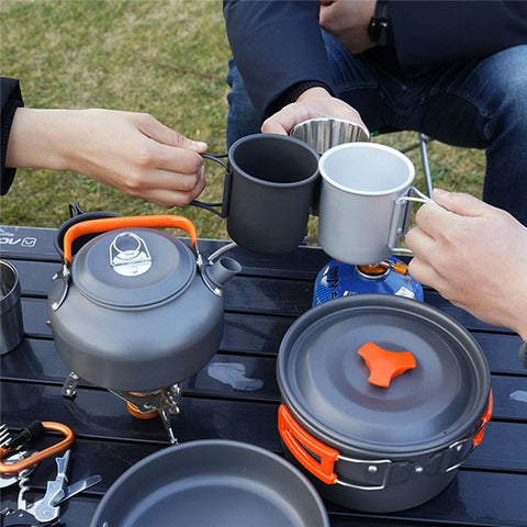 AOTU Outdoor Camping Cooking Set Pot Pan Teapot Cookware Set (No FDA Certificate, BPA-Free)