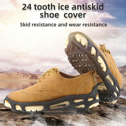 24 Teeth Ice Cleats Winter Outdoor Anti Slip Shoe Covers Traction Grips for Snow / Ice / Mud , Black Size L
