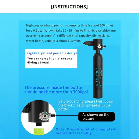 CHIKADIV C300-A1 Mini Scuba Tank Diving Gear for Diver 0.5L Diving Tank Diving Cylinder with 5-10 Minutes Backup Diving Equipment Kit for Underwater