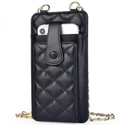 k3221 Stylish Rhombus Grid PU Leather Phone Pouch Women Cards Cash Holder Crossbody Bag with Chain Strap