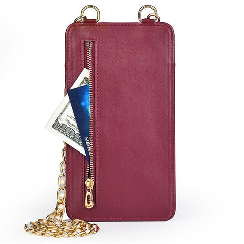 k3221 Stylish Rhombus Grid PU Leather Phone Pouch Women Cards Cash Holder Crossbody Bag with Chain Strap