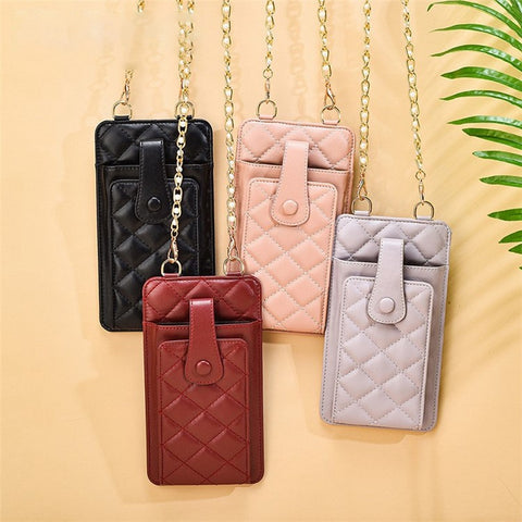 k3221 Stylish Rhombus Grid PU Leather Phone Pouch Women Cards Cash Holder Crossbody Bag with Chain Strap