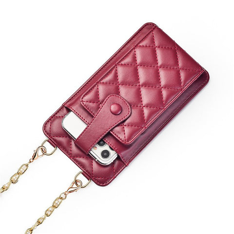 k3221 Stylish Rhombus Grid PU Leather Phone Pouch Women Cards Cash Holder Crossbody Bag with Chain Strap